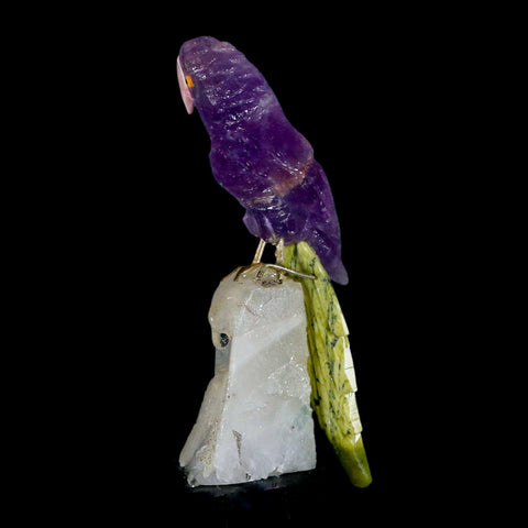 3.8" Hand Carved Bird Perched on Quartz Crystal Parrot Calcite and Serpentine Peru - Fossil Age Minerals