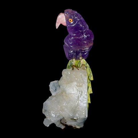 3.8" Hand Carved Bird Perched on Quartz Crystal Parrot Calcite and Serpentine Peru - Fossil Age Minerals