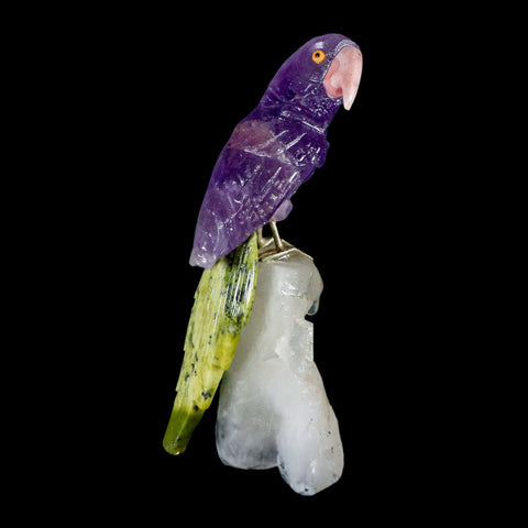 3.8" Hand Carved Bird Perched on Quartz Crystal Parrot Calcite and Serpentine Peru - Fossil Age Minerals