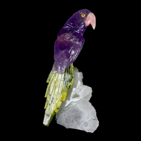 3.8" Hand Carved Bird Perched on Quartz Crystal Parrot Calcite and Serpentine Peru - Fossil Age Minerals