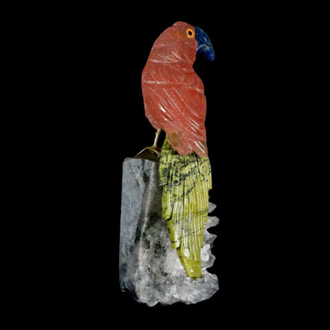 4" Hand Carved Bird Perched on Quartz Crystal Parrot Calcite and Serpentine Peru - Fossil Age Minerals