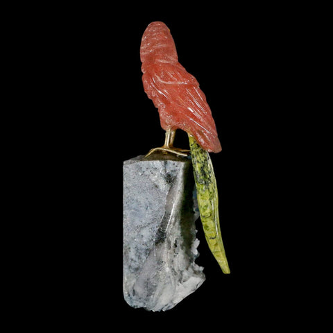 4" Hand Carved Bird Perched on Quartz Crystal Parrot Calcite and Serpentine Peru - Fossil Age Minerals