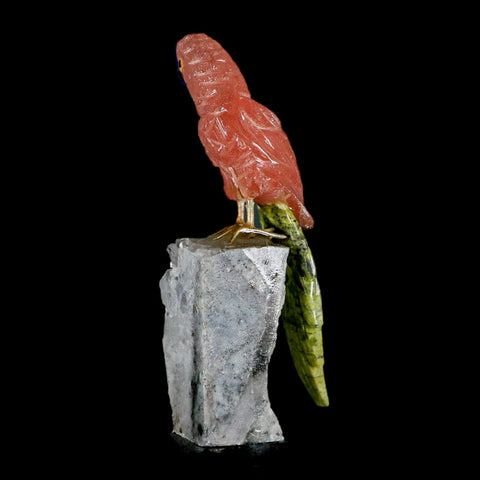 4" Hand Carved Bird Perched on Quartz Crystal Parrot Calcite and Serpentine Peru - Fossil Age Minerals
