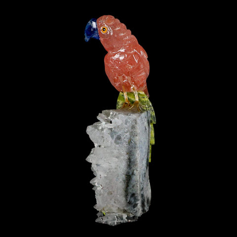 4" Hand Carved Bird Perched on Quartz Crystal Parrot Calcite and Serpentine Peru - Fossil Age Minerals