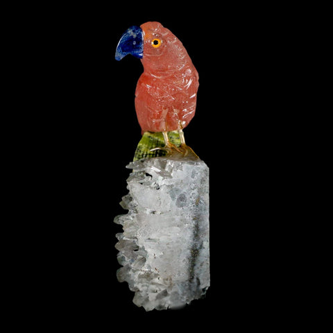 4" Hand Carved Bird Perched on Quartz Crystal Parrot Calcite and Serpentine Peru - Fossil Age Minerals