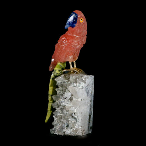 4" Hand Carved Bird Perched on Quartz Crystal Parrot Calcite and Serpentine Peru - Fossil Age Minerals
