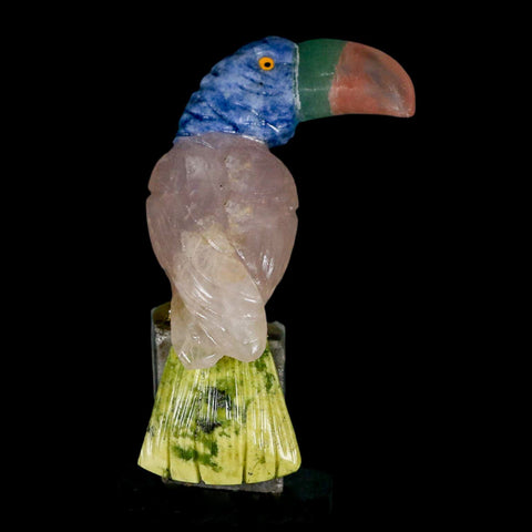 3.1" Hand Carved Bird Perched on Quartz Crystal Toucan Calcite and Rose Quartz Peru - Fossil Age Minerals