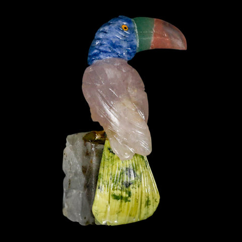 3.1" Hand Carved Bird Perched on Quartz Crystal Toucan Calcite and Rose Quartz Peru - Fossil Age Minerals