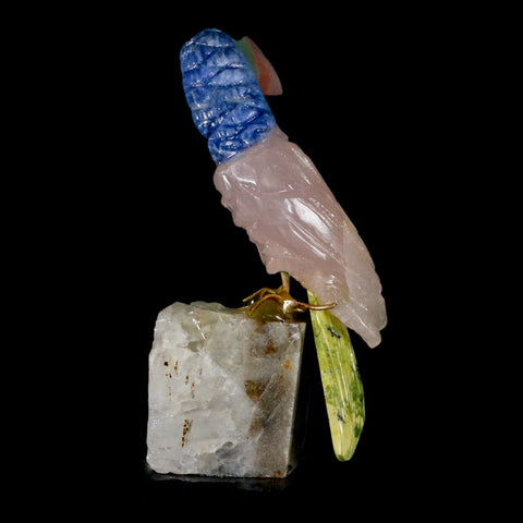 3.1" Hand Carved Bird Perched on Quartz Crystal Toucan Calcite and Rose Quartz Peru - Fossil Age Minerals