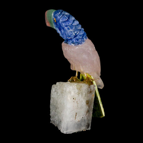 3.1" Hand Carved Bird Perched on Quartz Crystal Toucan Calcite and Rose Quartz Peru - Fossil Age Minerals