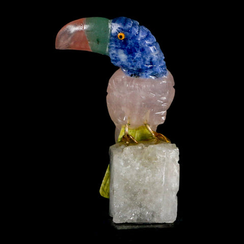 3.1" Hand Carved Bird Perched on Quartz Crystal Toucan Calcite and Rose Quartz Peru - Fossil Age Minerals