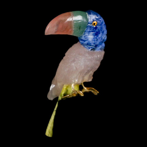 3.1" Hand Carved Bird Perched on Quartz Crystal Toucan Calcite and Rose Quartz Peru - Fossil Age Minerals