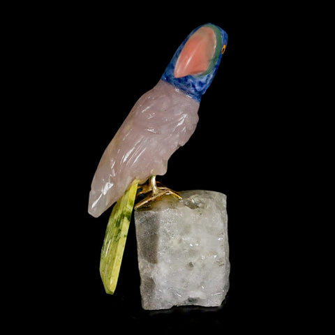 3.1" Hand Carved Bird Perched on Quartz Crystal Toucan Calcite and Rose Quartz Peru - Fossil Age Minerals