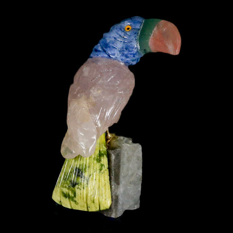 3.1" Hand Carved Bird Perched on Quartz Crystal Toucan Calcite and Rose Quartz Peru - Fossil Age Minerals