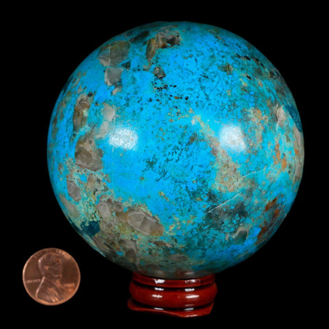 XL 81MM Chrysocolla Polished Sphere Teal And Blue Color Location Peru Free Stand - Fossil Age Minerals