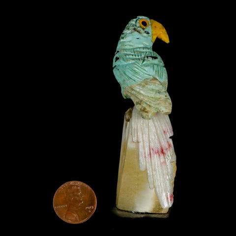 3.4" Hand Carved Bird Perched on Calcite Parrot Green Calcite Pink Rhodochrosite Peru - Fossil Age Minerals