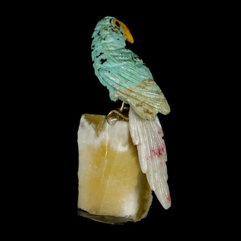 3.4" Hand Carved Bird Perched on Calcite Parrot Green Calcite Pink Rhodochrosite Peru - Fossil Age Minerals
