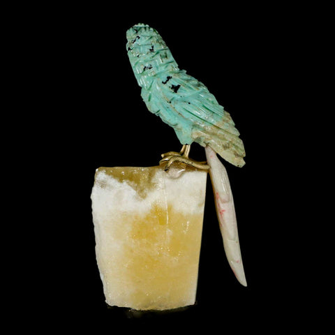 3.4" Hand Carved Bird Perched on Calcite Parrot Green Calcite Pink Rhodochrosite Peru - Fossil Age Minerals