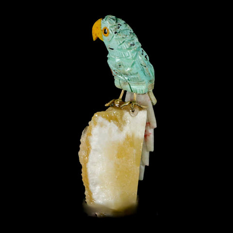 3.4" Hand Carved Bird Perched on Calcite Parrot Green Calcite Pink Rhodochrosite Peru - Fossil Age Minerals