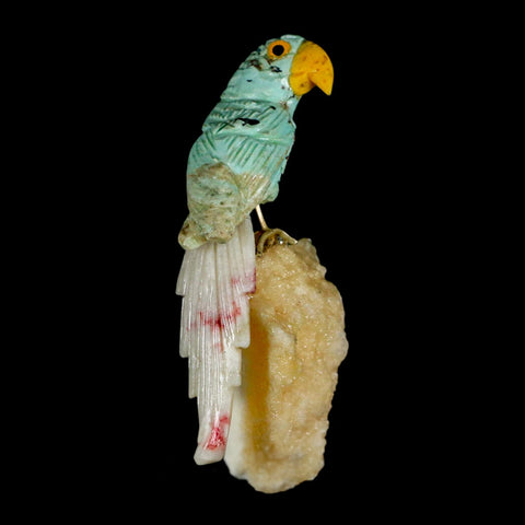 3.4" Hand Carved Bird Perched on Calcite Parrot Green Calcite Pink Rhodochrosite Peru - Fossil Age Minerals