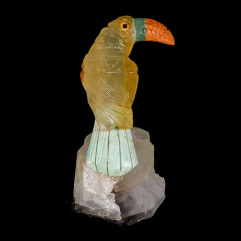 3.3" Hand Carved Bird Perched on Quartz Crystal Toucan Yellow, Orange Calcite Peru - Fossil Age Minerals