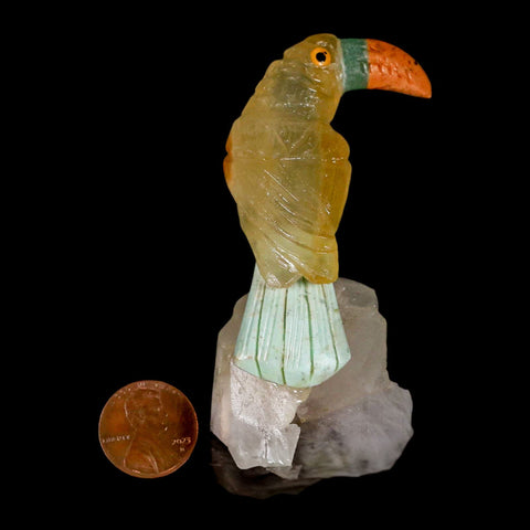 3.3" Hand Carved Bird Perched on Quartz Crystal Toucan Yellow, Orange Calcite Peru - Fossil Age Minerals