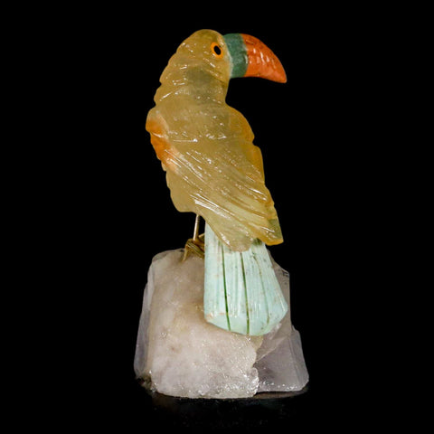 3.3" Hand Carved Bird Perched on Quartz Crystal Toucan Yellow, Orange Calcite Peru - Fossil Age Minerals