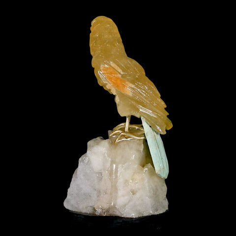 3.3" Hand Carved Bird Perched on Quartz Crystal Toucan Yellow, Orange Calcite Peru - Fossil Age Minerals