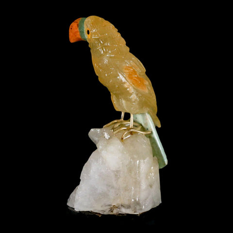 3.3" Hand Carved Bird Perched on Quartz Crystal Toucan Yellow, Orange Calcite Peru - Fossil Age Minerals
