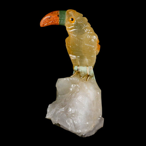 3.3" Hand Carved Bird Perched on Quartz Crystal Toucan Yellow, Orange Calcite Peru - Fossil Age Minerals
