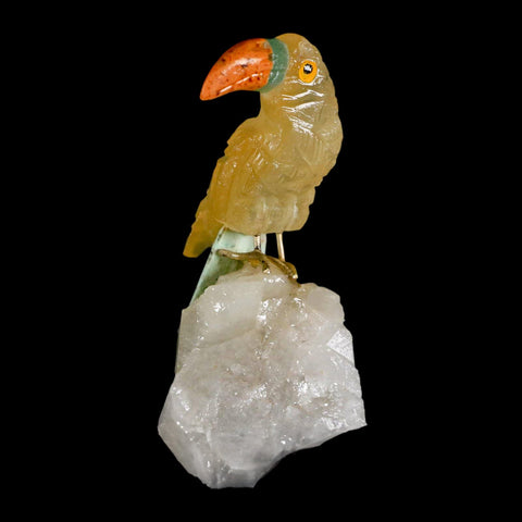 3.3" Hand Carved Bird Perched on Quartz Crystal Toucan Yellow, Orange Calcite Peru - Fossil Age Minerals