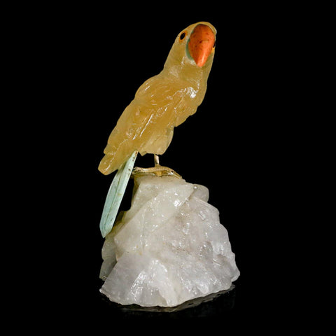 3.3" Hand Carved Bird Perched on Quartz Crystal Toucan Yellow, Orange Calcite Peru - Fossil Age Minerals