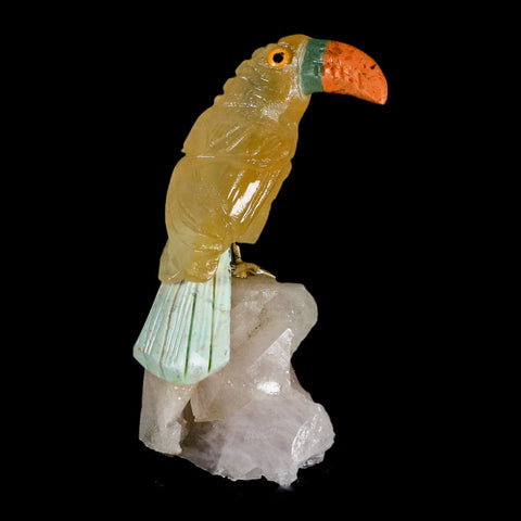 3.3" Hand Carved Bird Perched on Quartz Crystal Toucan Yellow, Orange Calcite Peru - Fossil Age Minerals