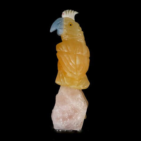 3.5" Hand Carved Bird Perched on Calcite Parrot Yellow And Blue Calcite Peru - Fossil Age Minerals