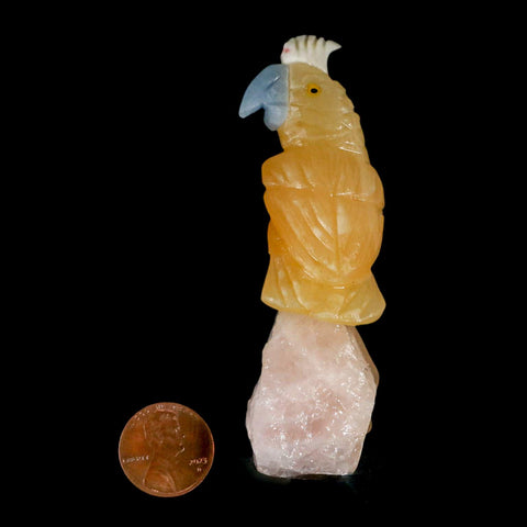 3.5" Hand Carved Bird Perched on Calcite Parrot Yellow And Blue Calcite Peru - Fossil Age Minerals