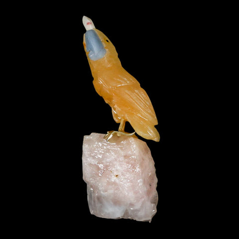 3.5" Hand Carved Bird Perched on Calcite Parrot Yellow And Blue Calcite Peru - Fossil Age Minerals