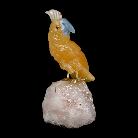 3.5" Hand Carved Bird Perched on Calcite Parrot Yellow And Blue Calcite Peru - Fossil Age Minerals