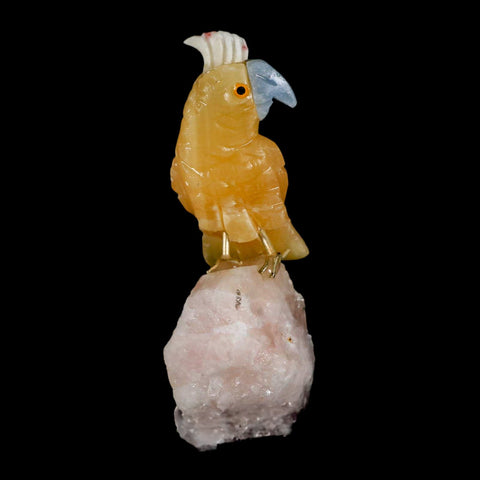 3.5" Hand Carved Bird Perched on Calcite Parrot Yellow And Blue Calcite Peru - Fossil Age Minerals