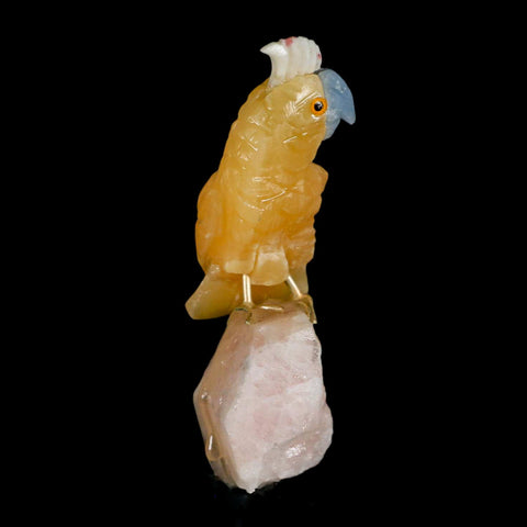 3.5" Hand Carved Bird Perched on Calcite Parrot Yellow And Blue Calcite Peru - Fossil Age Minerals