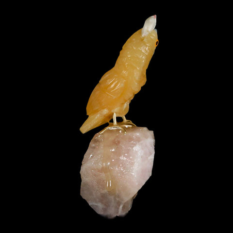 3.5" Hand Carved Bird Perched on Calcite Parrot Yellow And Blue Calcite Peru - Fossil Age Minerals