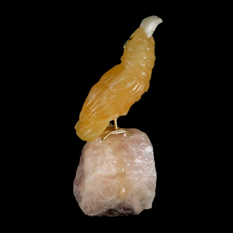 3.5" Hand Carved Bird Perched on Calcite Parrot Yellow And Blue Calcite Peru - Fossil Age Minerals