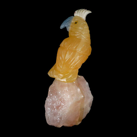 3.5" Hand Carved Bird Perched on Calcite Parrot Yellow And Blue Calcite Peru - Fossil Age Minerals