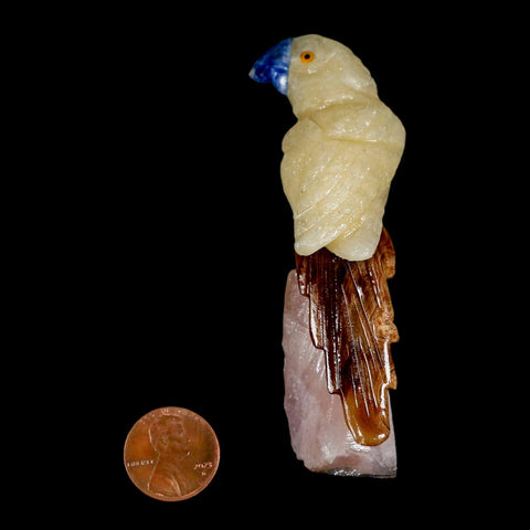 3.3" Hand Carved Bird Perched on Rose Quartz Crystal Parrot Yellow, Brown Calcite Peru - Fossil Age Minerals