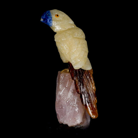 3.3" Hand Carved Bird Perched on Rose Quartz Crystal Parrot Yellow, Brown Calcite Peru - Fossil Age Minerals