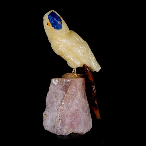 3.3" Hand Carved Bird Perched on Rose Quartz Crystal Parrot Yellow, Brown Calcite Peru - Fossil Age Minerals