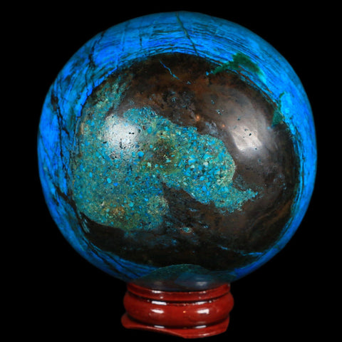 XL 72MM Chrysocolla Polished Sphere Teal And Blue Color Location Peru Free Stand - Fossil Age Minerals