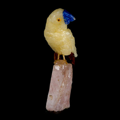 3.3" Hand Carved Bird Perched on Rose Quartz Crystal Parrot Yellow, Brown Calcite Peru - Fossil Age Minerals