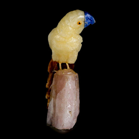 3.3" Hand Carved Bird Perched on Rose Quartz Crystal Parrot Yellow, Brown Calcite Peru - Fossil Age Minerals