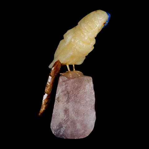 3.3" Hand Carved Bird Perched on Rose Quartz Crystal Parrot Yellow, Brown Calcite Peru - Fossil Age Minerals