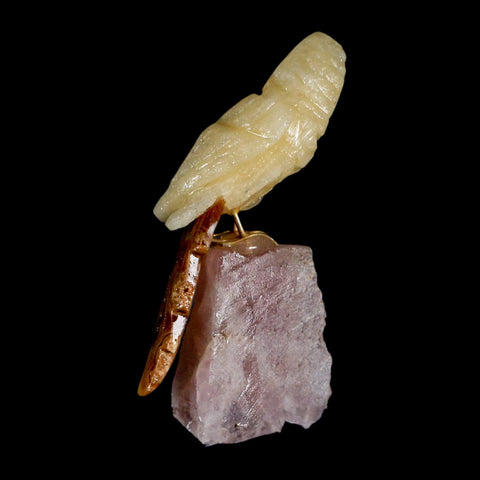 3.3" Hand Carved Bird Perched on Rose Quartz Crystal Parrot Yellow, Brown Calcite Peru - Fossil Age Minerals
